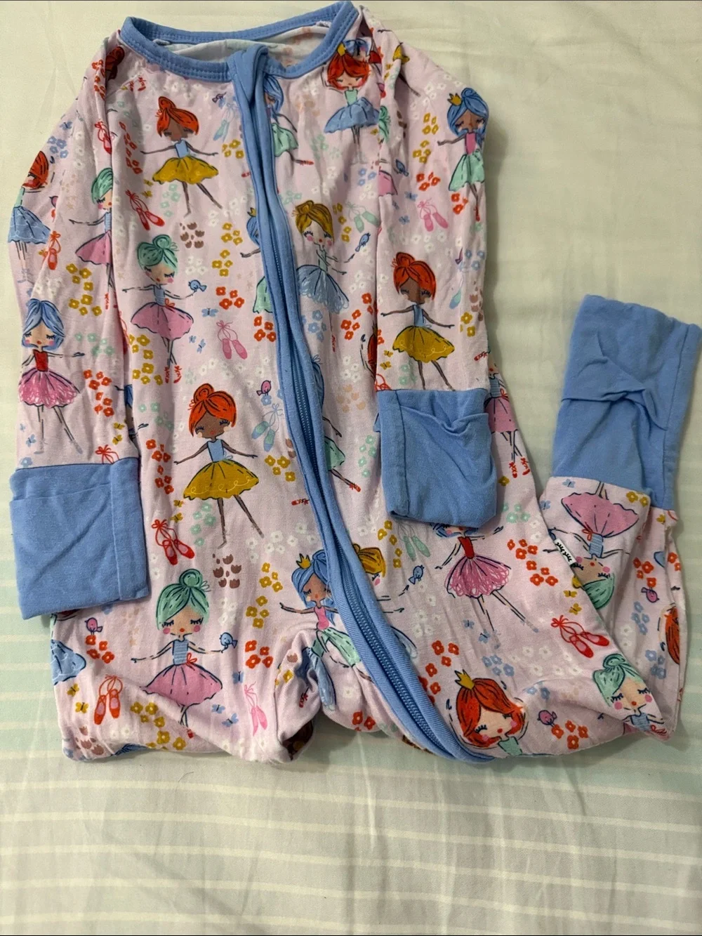 Little Sleepies Pink Ballerina Print Pajama Set with Blue Trim
